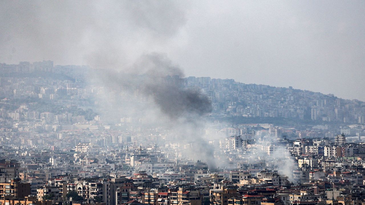 Smoke rises over Dahiyeh in Beirut's southern suburbs after Israeli air strikes, in Lebanon, on October 7.