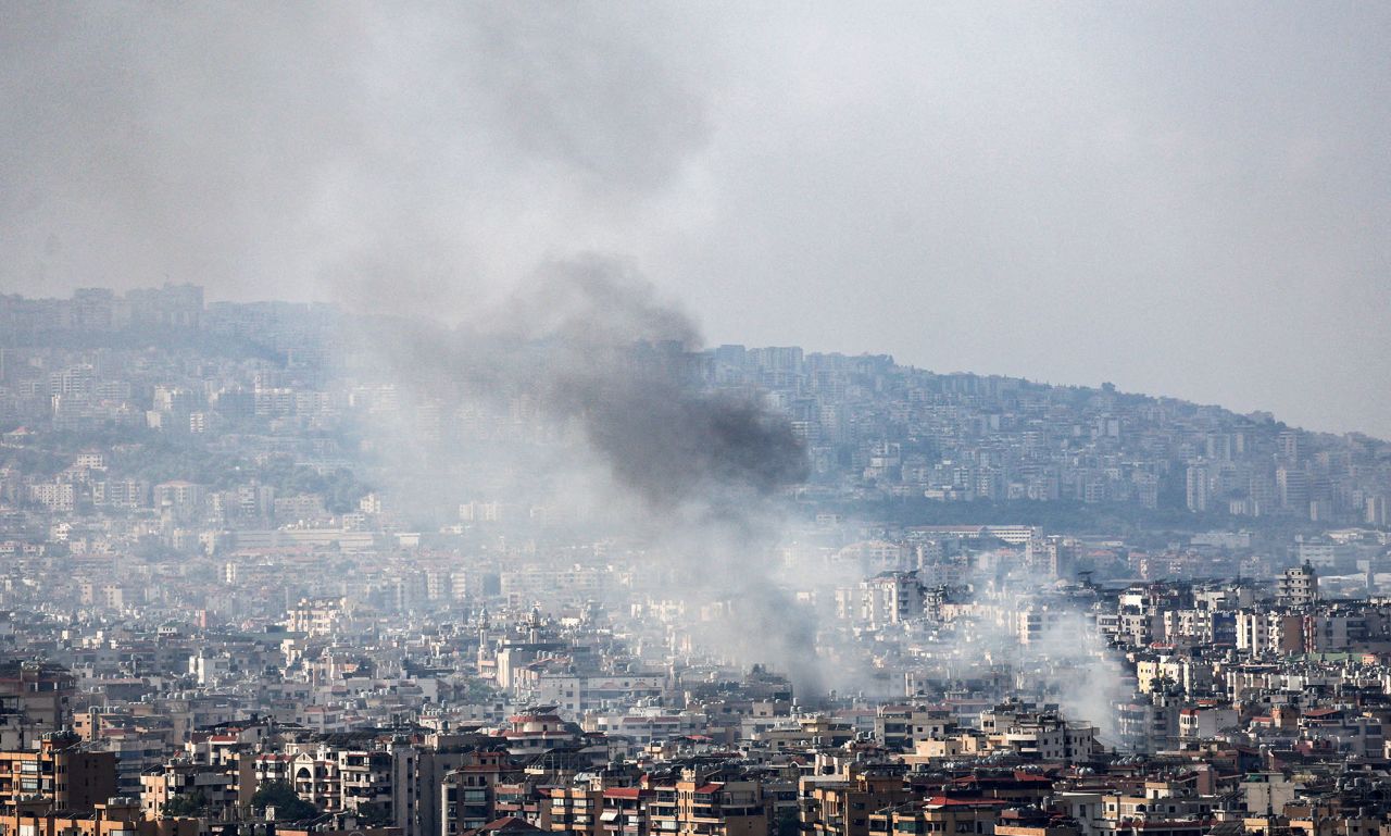 Smoke rises over Dahiyeh in Beirut's southern suburbs after Israeli air strikes, in Lebanon, on October 7.