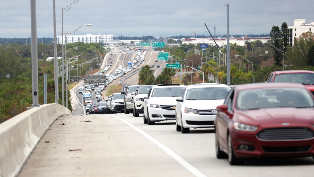 Heavy traffic begins to back up on Interstate 275 as residents evacuate St. Petersburg, Florida, ahead of Hurricane Milton, on October 7.