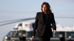 Democratic presidential nominee Vice President Kamala Harris walks to board Air Force Two as she departs for New York, at Joint Base Andrews, Maryland, on October 7, 2024.