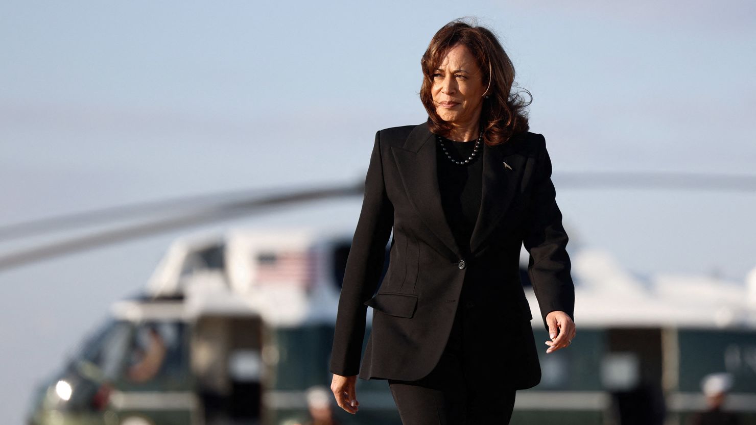 Vice President Kamala Harris walks to Air Force Two as she departs for New York, at Joint Base Andrews, Maryland, on October 7, 2024.