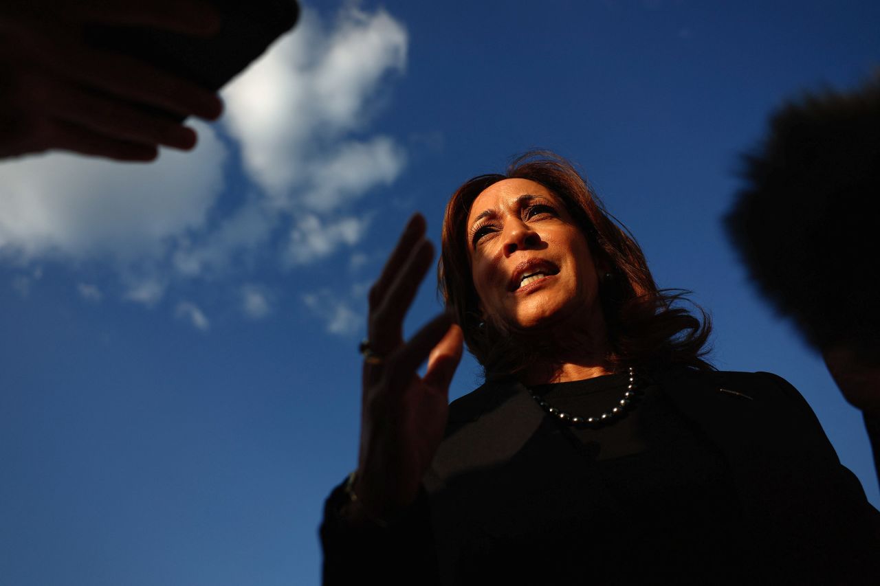 Vice President Kamala Harris speaks to the media before departing for New York at Joint Base Andrews, Maryland, on October 7.