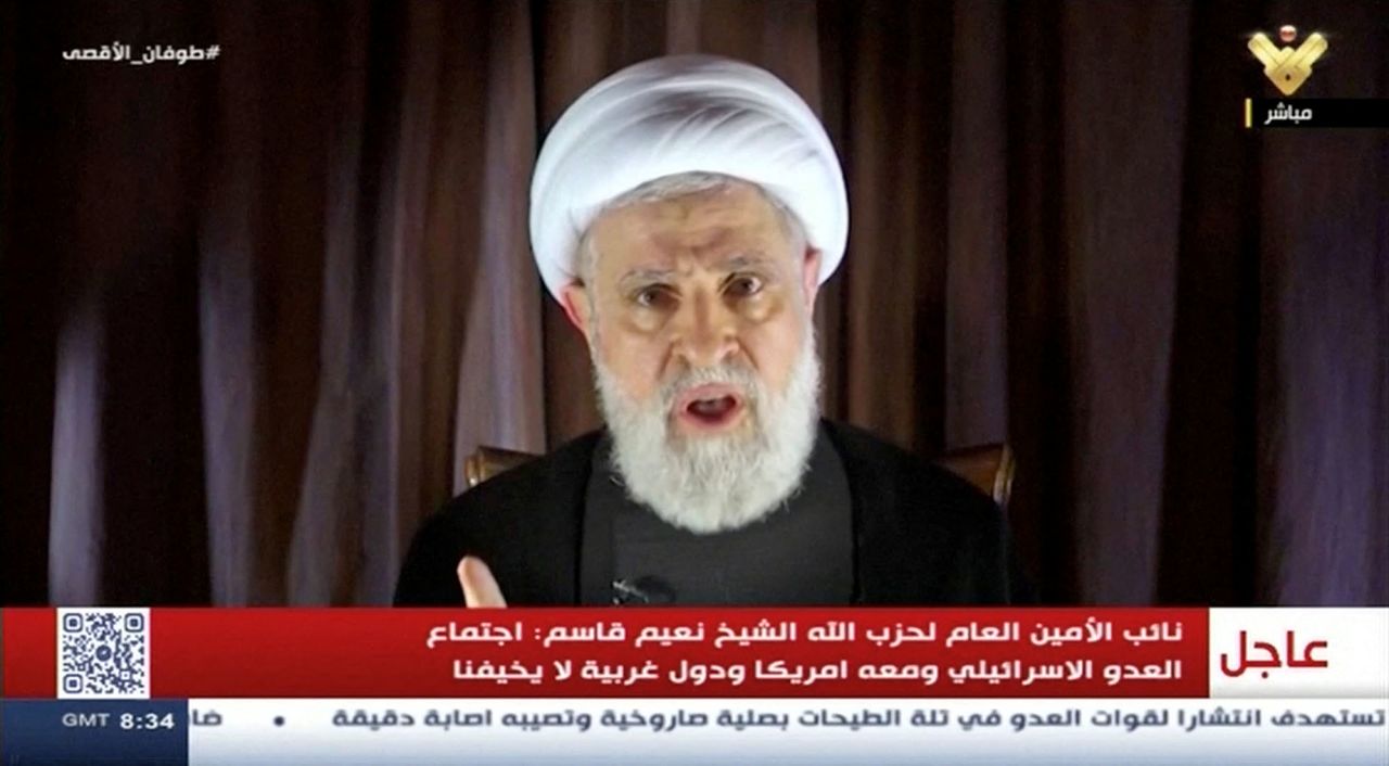 Lebanon's Hezbollah deputy leader Sheikh Naim Qassem delivers a speech as hostilities between Hezbollah and Israel increase, from an unknown location, on October 8.