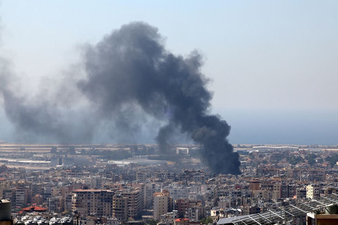 Smoke rises in the southern suburbs of Beirut following an attack, amid ongoing hostilities between Hezbollah and Israeli forces, as seen from Hadath, Lebanon on Tuesday.