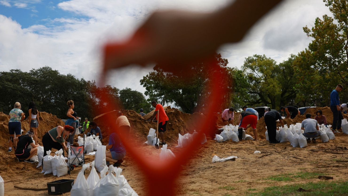 People prepare sandbags ahead of the arrival of Hurricane Milton in Orlando, Florida, on October 8.