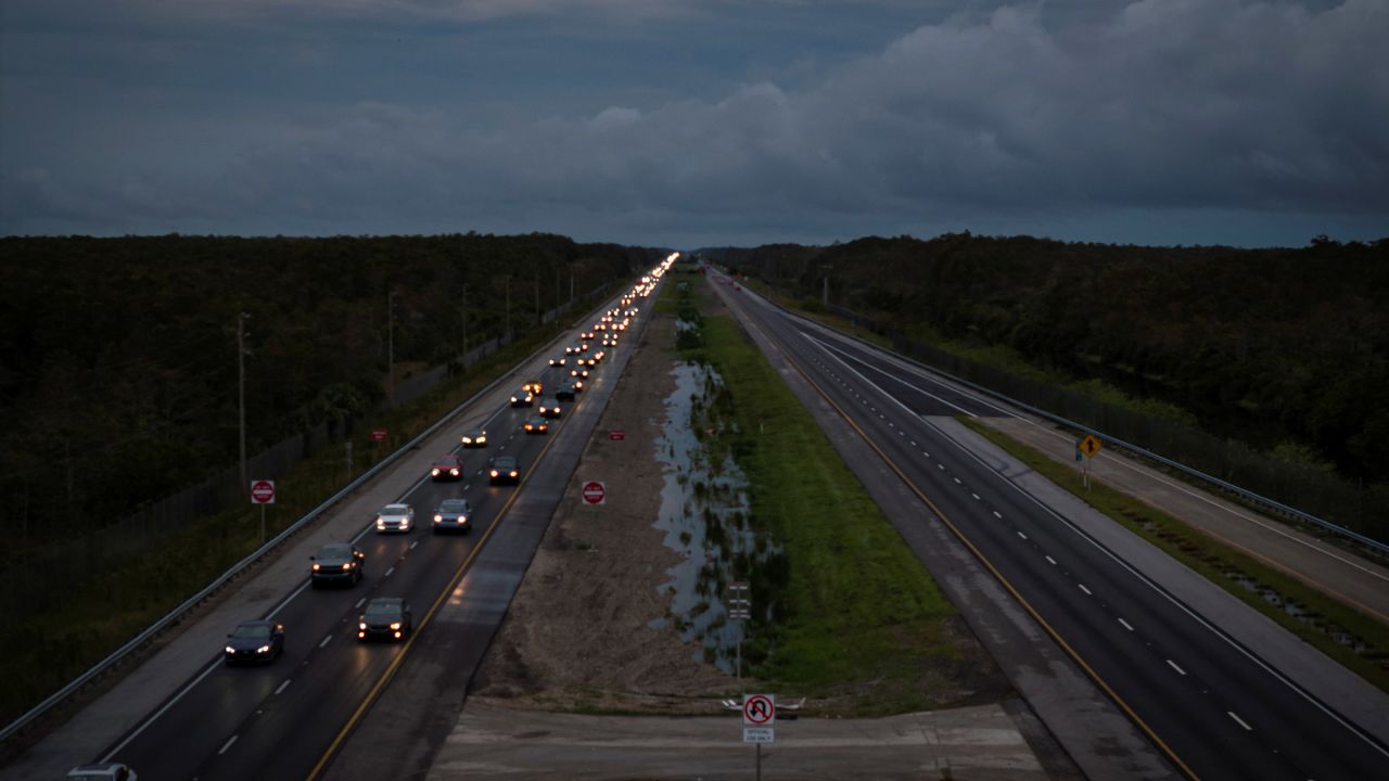 Commuters drive east on Interstate 75 from Florida's west coast, ahead of the arrival of Hurricane Milton, on October 8, 2024.