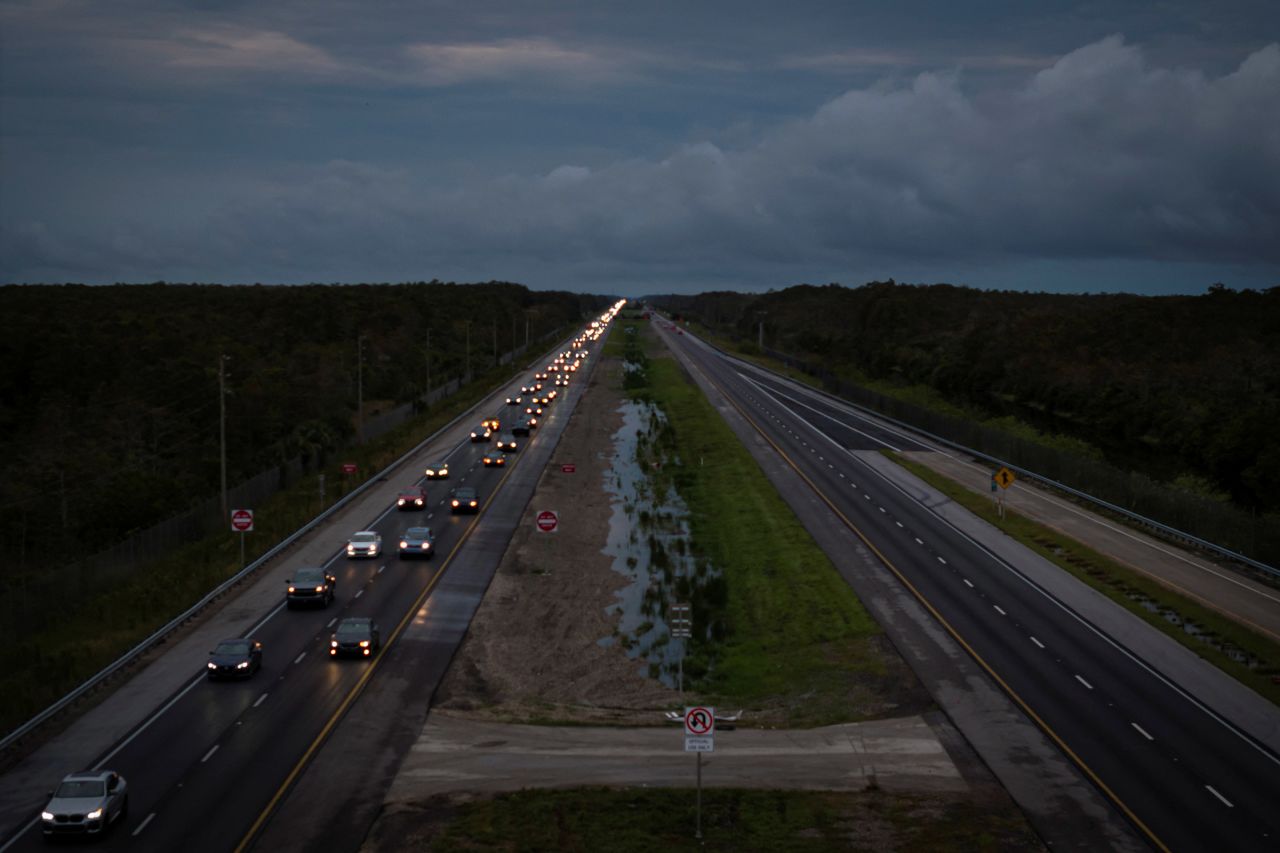 Commuters drive east on Interstate 75 from Florida's west coast, ahead of the arrival of Hurricane Milton, on October 8, 2024.