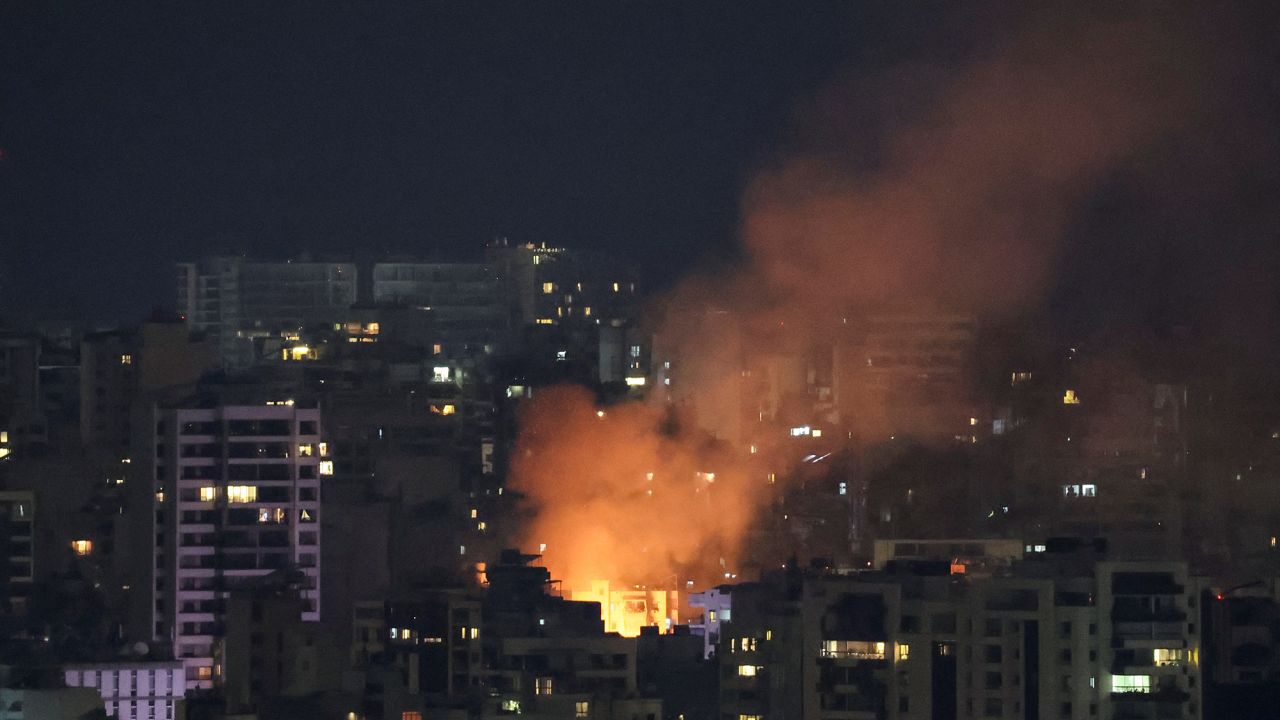 Smoke and fire rise over Beirut, after Israeli air strikes, amid ongoing hostilities between Hezbollah and Israeli forces, as seen from Sin El Fil, Lebanon, October 10, 2024. REUTERS/Amr Abdallah Dalsh