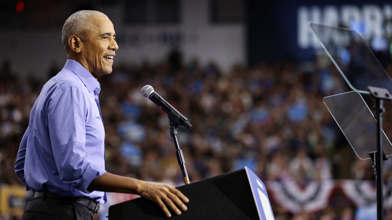 Former President Barack Obama speaks during a campaign event in support of Democratic presidential nominee Vice President Kamala Harris in Pittsburgh, Pennsylvania, on October 10, 2024.