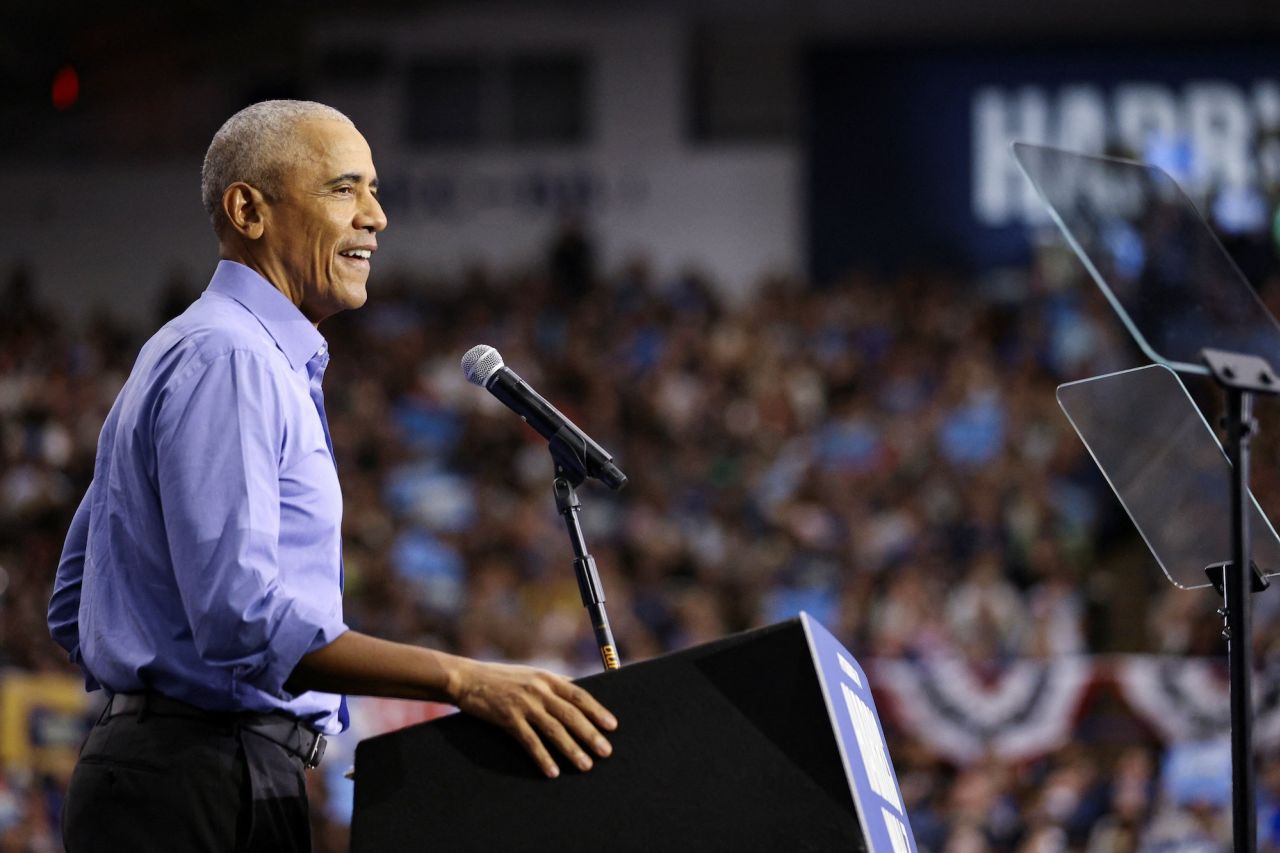 Former President Barack Obama speaks during a campaign event in support of Democratic presidential nominee Vice President Kamala Harris in Pittsburgh, Pennsylvania, on October 10, 2024.