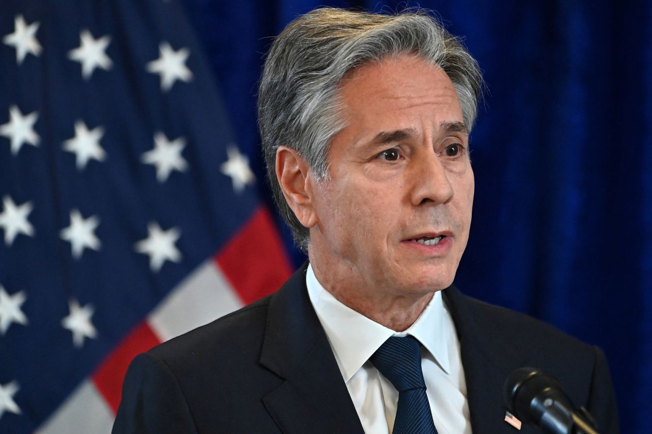 US Secretary of State Antony Blinken speaks at a press conference in Vientiane, Laos, on October 11.