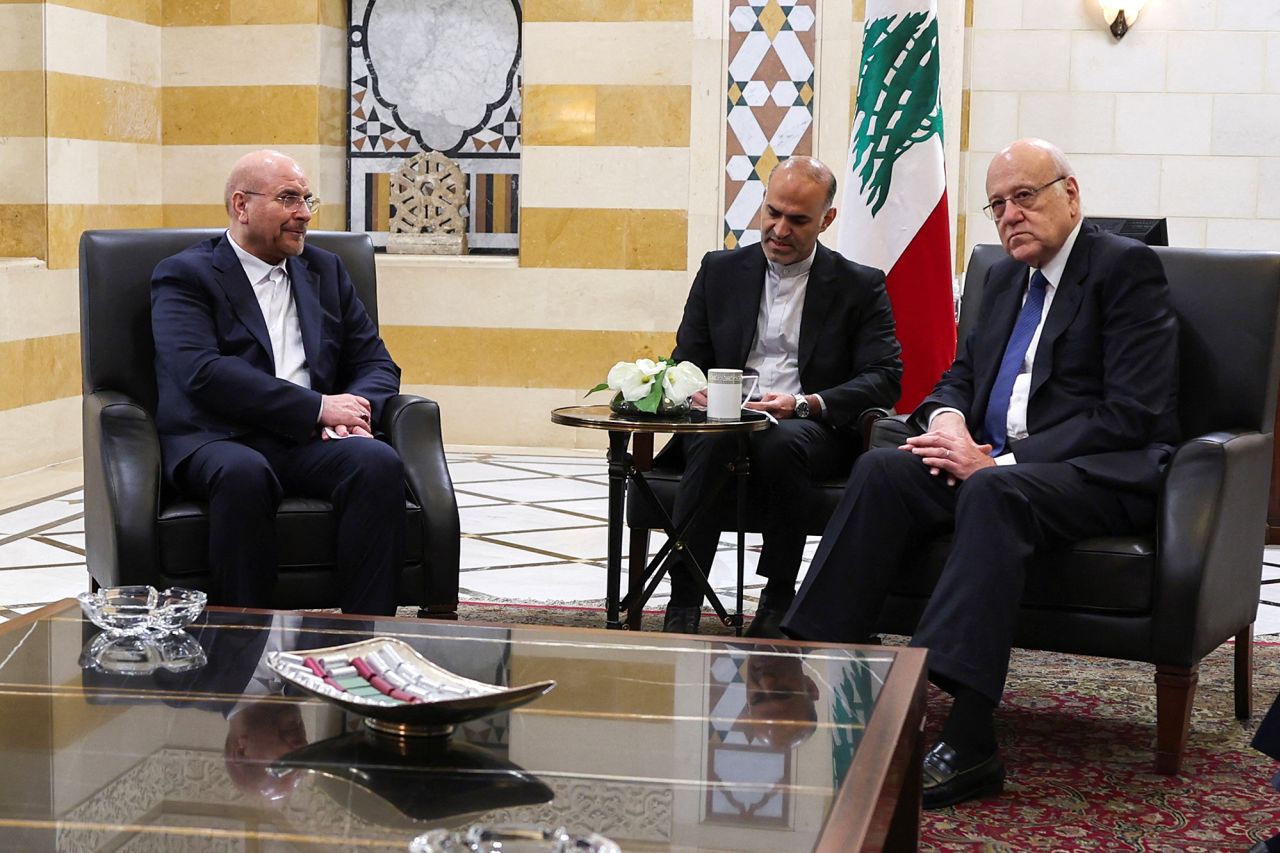 Lebanon’s Prime Minister Najib Mikati, right, meets with the president of the Islamic Consultative Assembly of Iran, Mohammad Bagher Ghalibaf, left, in Beirut, Lebanon, on October 12.