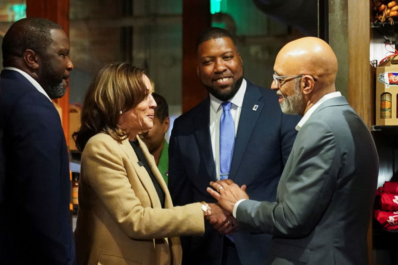 Vice President Kamala Harris greets Black community leaders during a stop at The Pit Authentic Barbecue restaurant in Raleigh, North Carolina, on October 12.