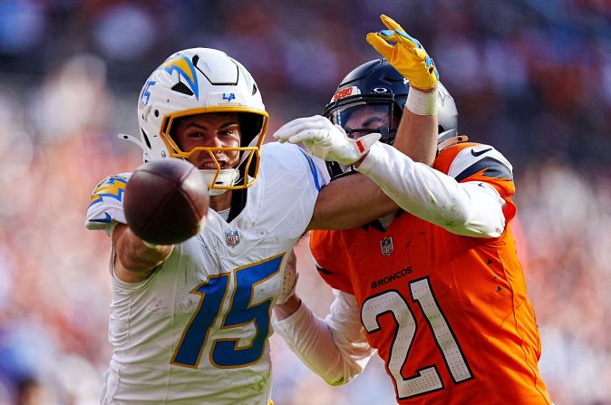 Denver Broncos cornerback Riley Moss breaks up a pass to Los Angeles Chargers wide receiver Ladd McConkey in the second half of the Broncos' 23-16 loss to the Los Angeles Chargers in Denver on Sunday, October 13.