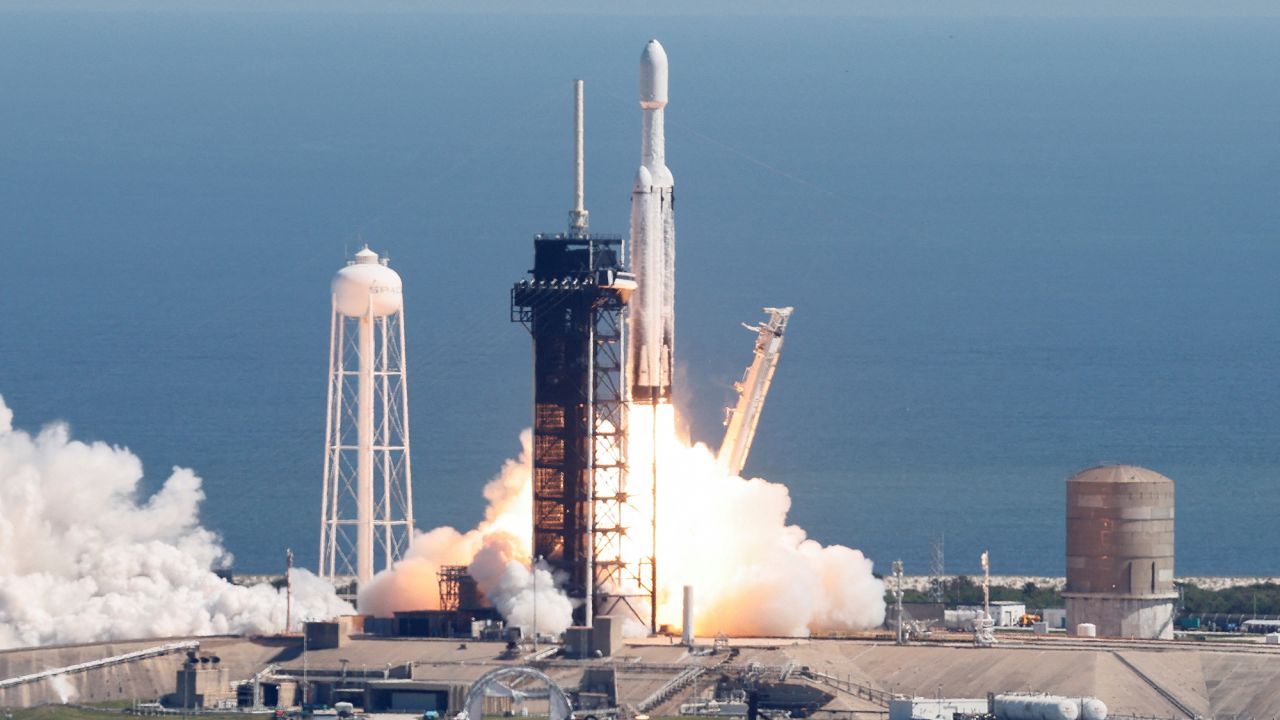 A SpaceX Falcon Heavy rocket is launched for the Europa Clipper mission to study one of Jupiter's 95 moons, at Kennedy Space Center in Cape Canaveral, Florida, U.S. October 14, 2024.  REUTERS/Joe Skipper