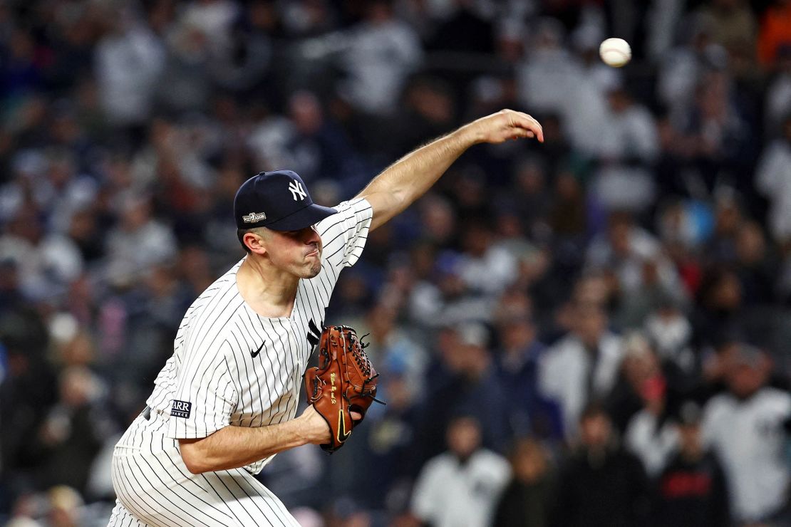 Yankees pitcher Carlos Rodón throws against the Guardians in Game 1 of the ALCS.