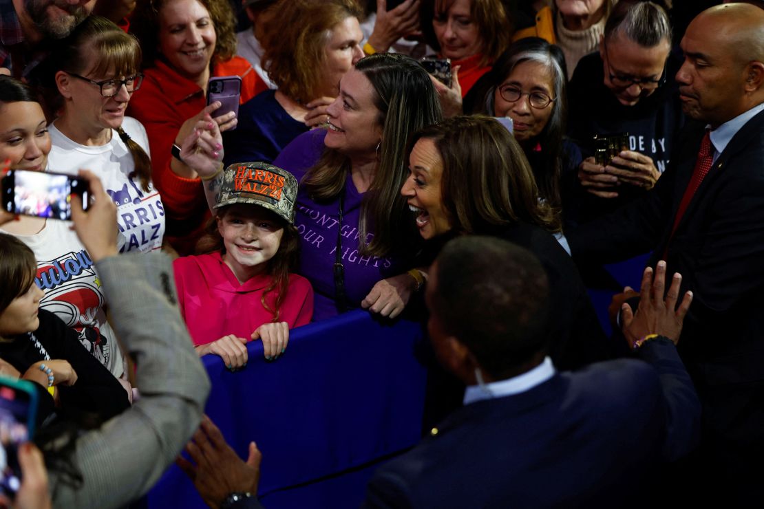 Vice President Kamala Harris greets the crowd at a rally in Erie, Pennsylvania, October 14, 2024.