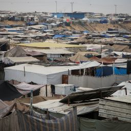 A general view shows a tent camp sheltering displaced Palestinian people, amid the ongoing Israel-Hamas conflict, in Al-Mawasi area in Khan Younis, in the southern Gaza Strip, October 15, 2024.