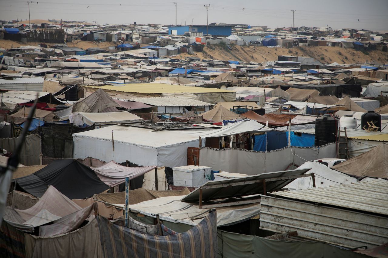 A general view shows a tent camp sheltering displaced Palestinian people, amid the ongoing Israel-Hamas conflict, in Al-Mawasi area in Khan Younis, in the southern Gaza Strip, on October 15.