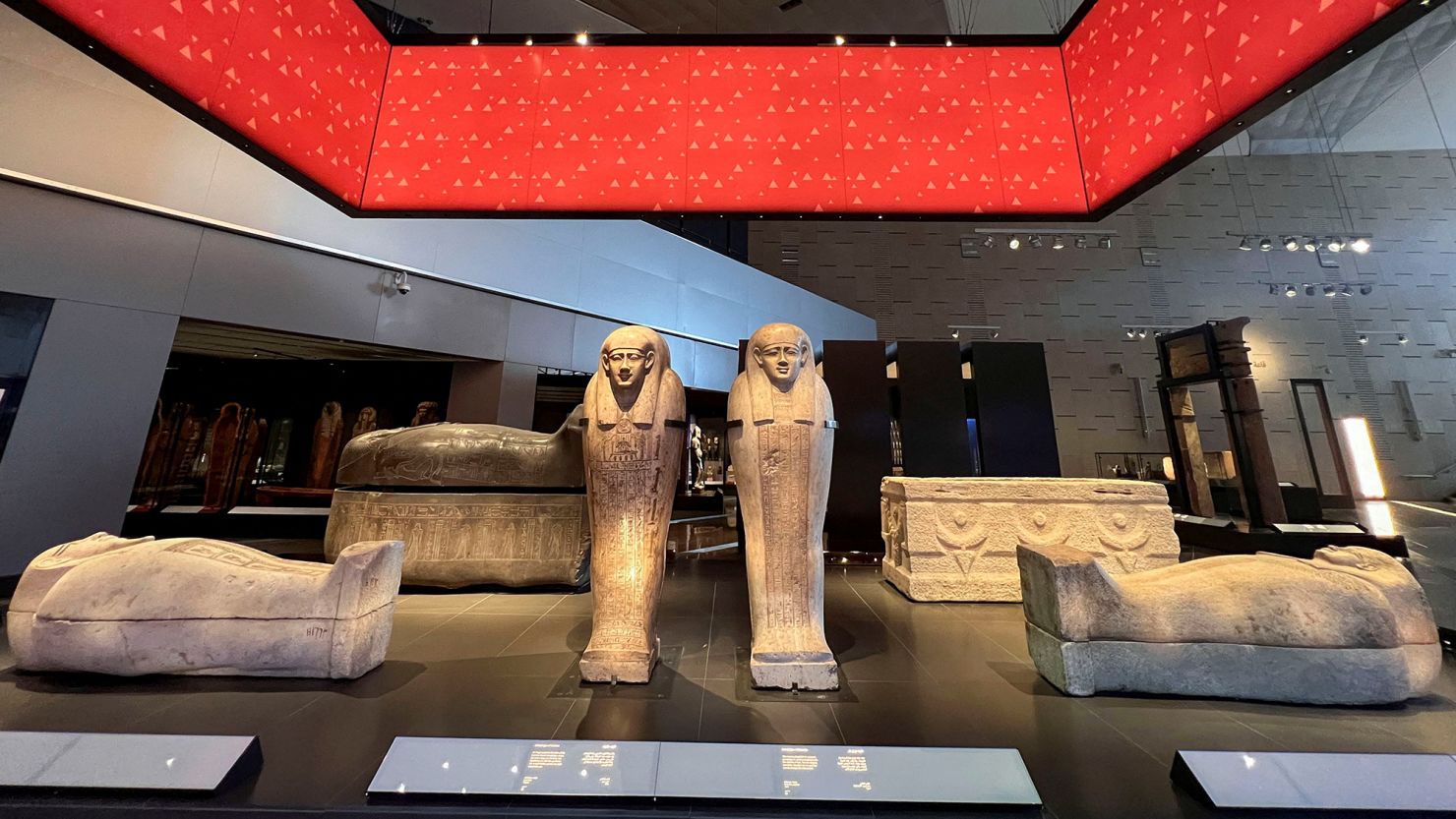 Pharaonic statues on display at the Grand Staircase of the Grand Egyptian Museum, which partially opened this week.