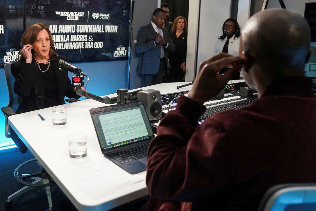 Vice President Kamala Harris participates in an interview with radio host Charlamagne Tha God, in Detroit on October 15, 2024.