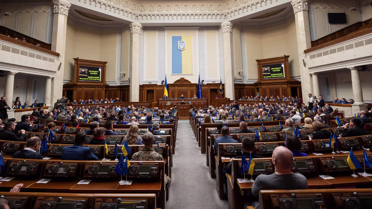 Ukraine's President Volodymyr Zelensky addresses lawmakers during a parliamentary session in Kyiv, Ukraine, on October 16.