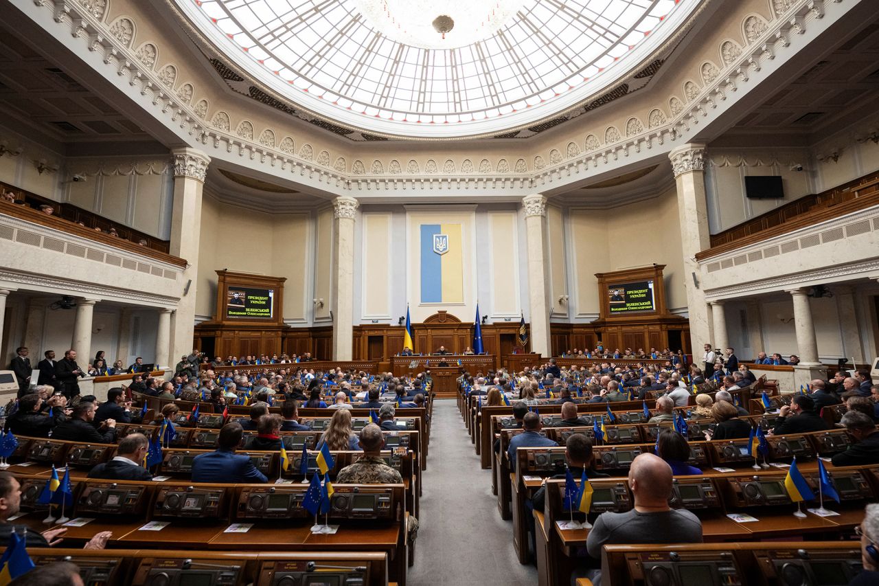 Ukraine's President Volodymyr Zelensky addresses lawmakers during a parliamentary session in Kyiv, Ukraine, on October 16.