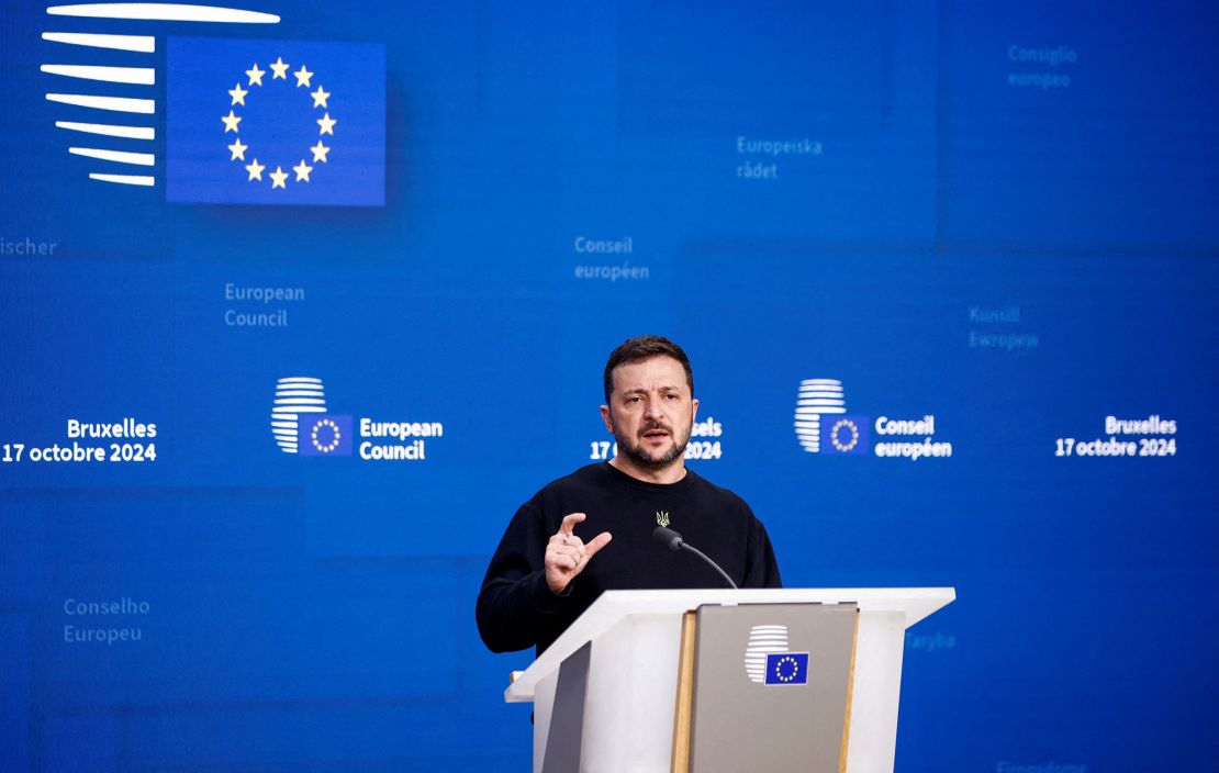 Ukrainian President Volodymyr Zelensky speaks at a press conference during a European Union leaders' summit in Brussels, Belgium, on October 17, 2024.