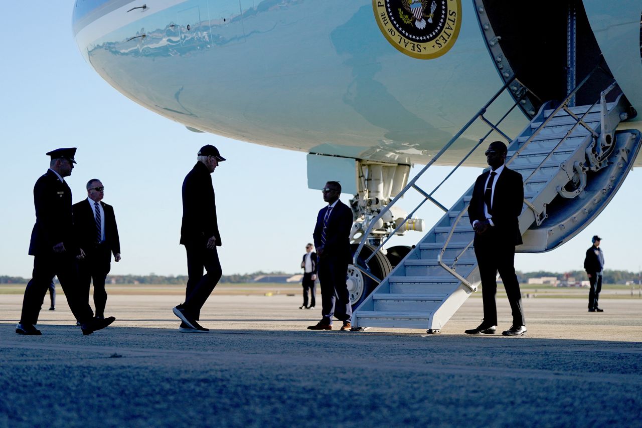 U.S. President Joe Biden boards Air Force One as he departs for Berlin, Germany, at Joint Base Andrews, Maryland, on October 17.