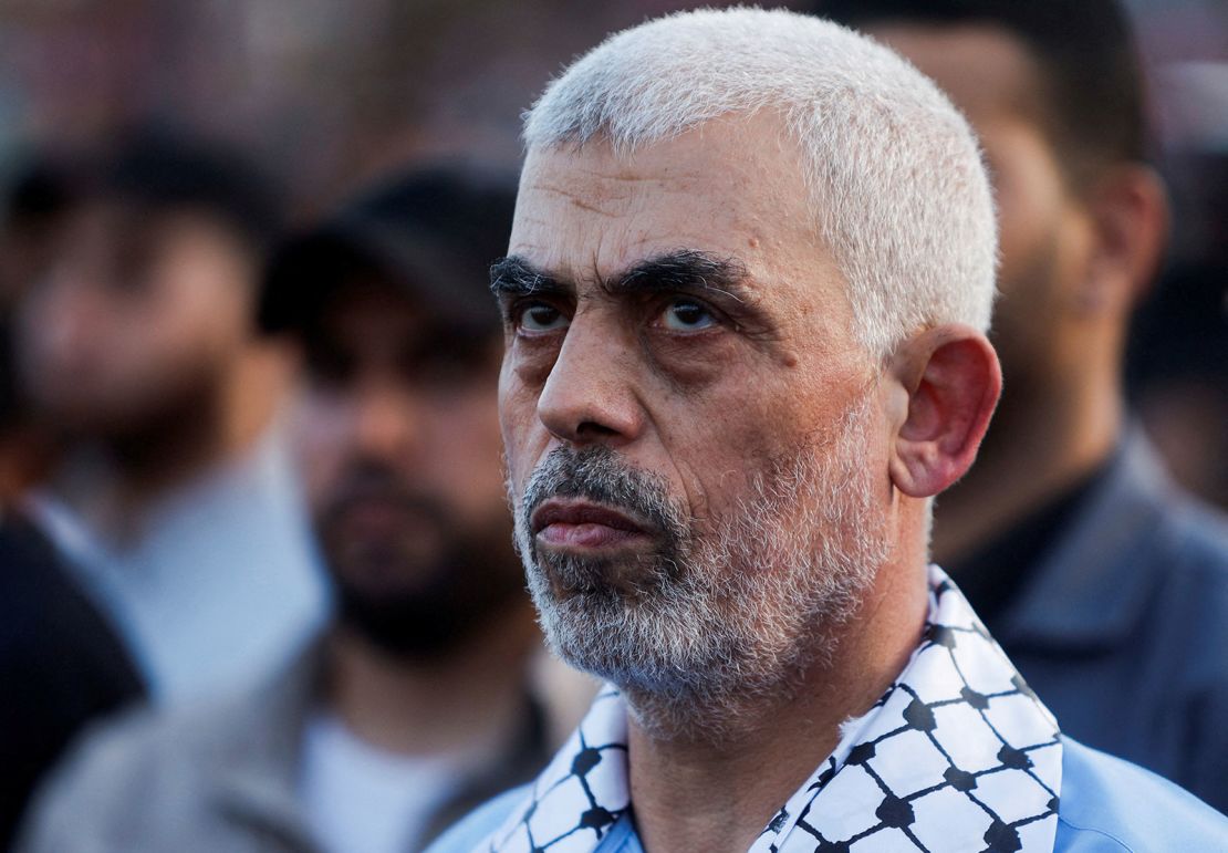 Yahya Sinwar watches as Hamas supporters take part in an anti-Israel rally over tensions at Jerusalem's Al-Aqsa Mosque in Gaza City on October 1, 2022.