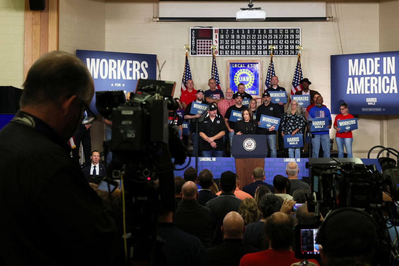 Vice President Kamala Harris speaks at a campaign event in Lansing, Michigan, on October 18.