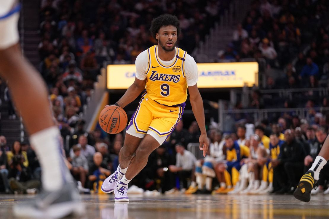 Oct. 18, 2024; San Francisco, California, USA; Los Angeles Lakers guard Bronny James (9) dribbles the ball during the second quarter against the Golden State Warriors at Chase Center. Mandatory attribution: Cary Edmondson-Imagn Images