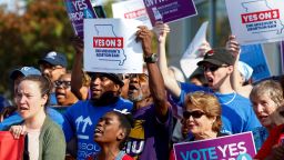 Activists hold a rally in support of two Missouri ballot amendments including Amendment 3, a measure that would establish a constitutional right to abortion, at a UAW local in Kansas City, Missouri, U.S., October 12, 2024. REUTERS/Evelyn Hockstein