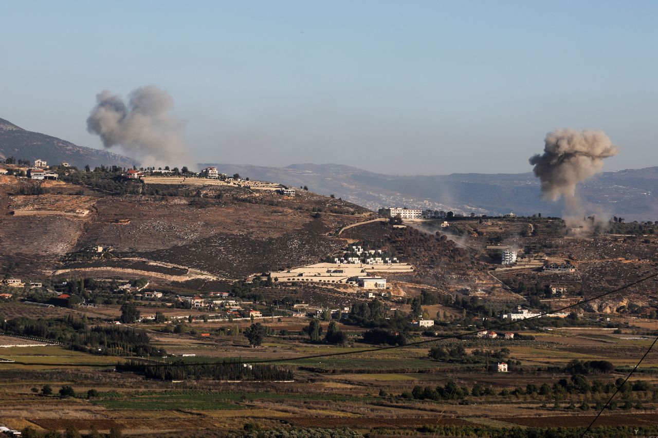 Smoke billows over Khiam, Lebanon, after Israeli strikes, as seen from Marjayoun, Lebanon, on October 20.