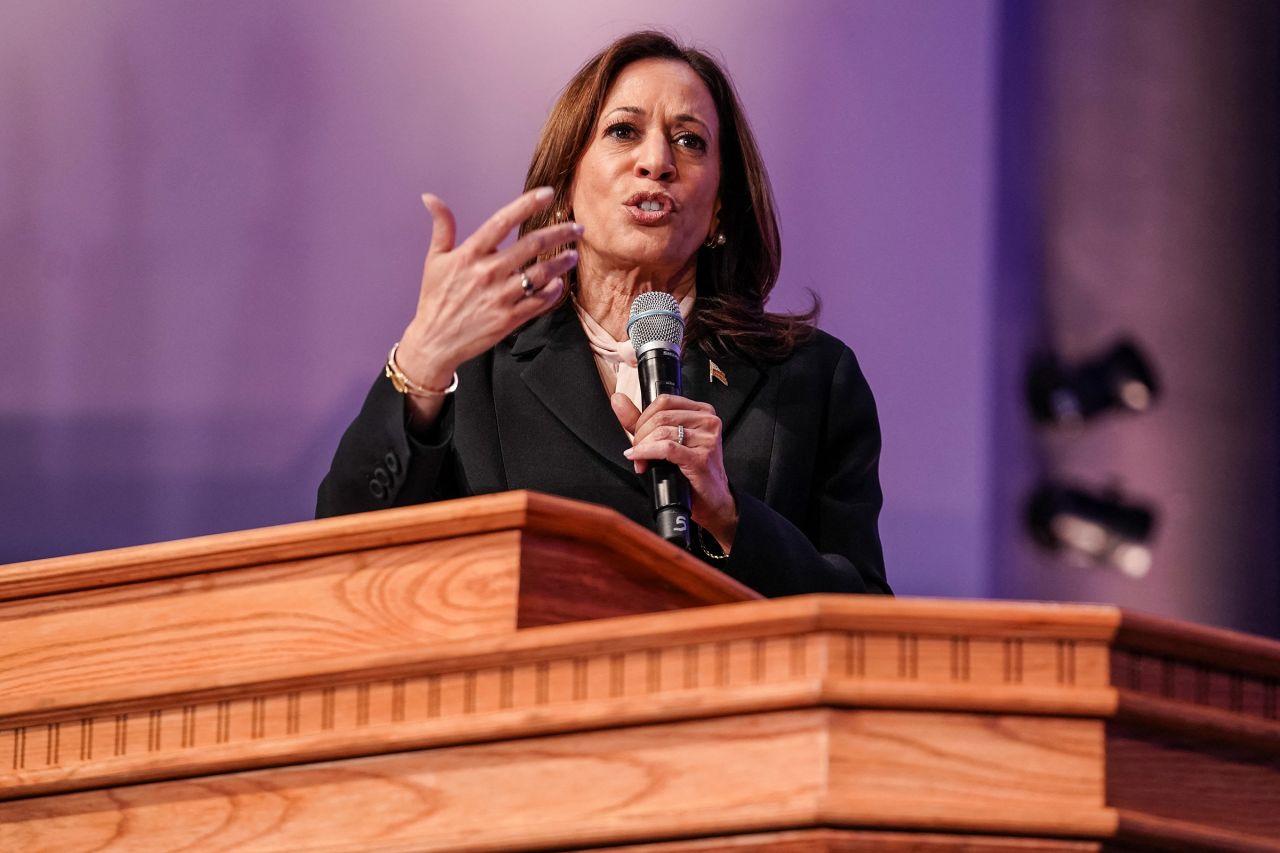 Vice President Kamala Harris speaks during a Souls to the Polls Sunday service at Divine Faith Ministries International Church in Jonesboro, Georgia, on October 20.