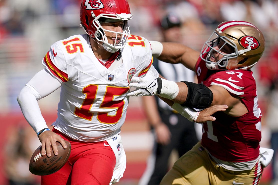 Mahomes threw two interceptions but threw a touchdown in the win over the 49ers.