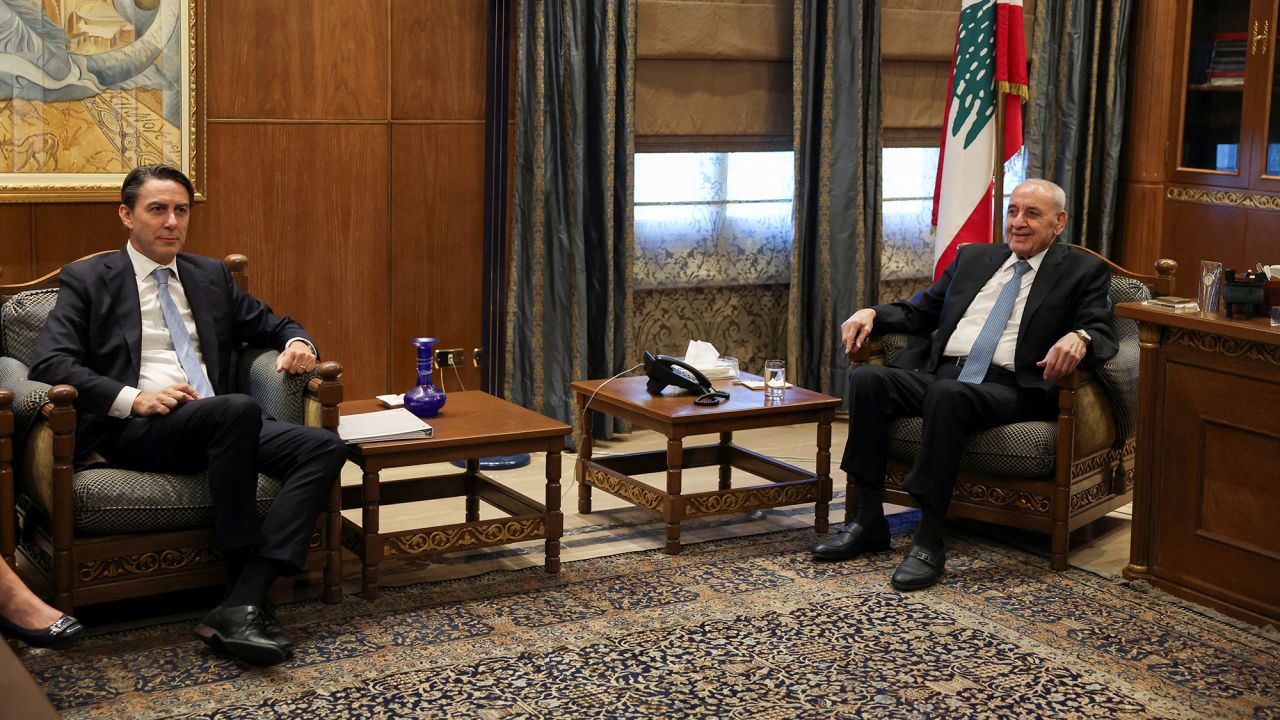 Lebanese Parliament Speaker Nabih Berri, right, meets with U.S. special envoy Amos Hochstein in Beirut, Lebanon, on  October 21.