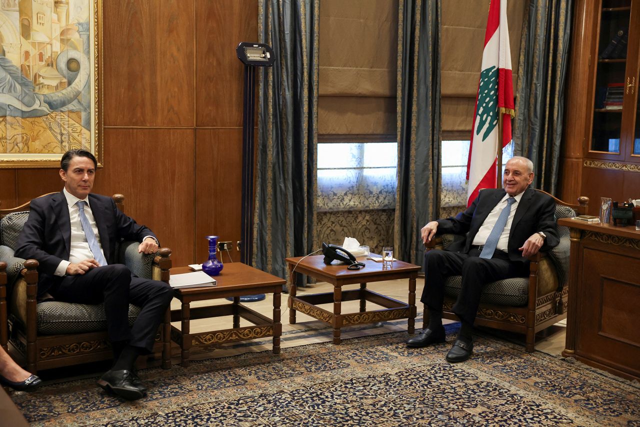 Lebanese Parliament Speaker Nabih Berri, right, meets with U.S. special envoy Amos Hochstein in Beirut, Lebanon, on  October 21.