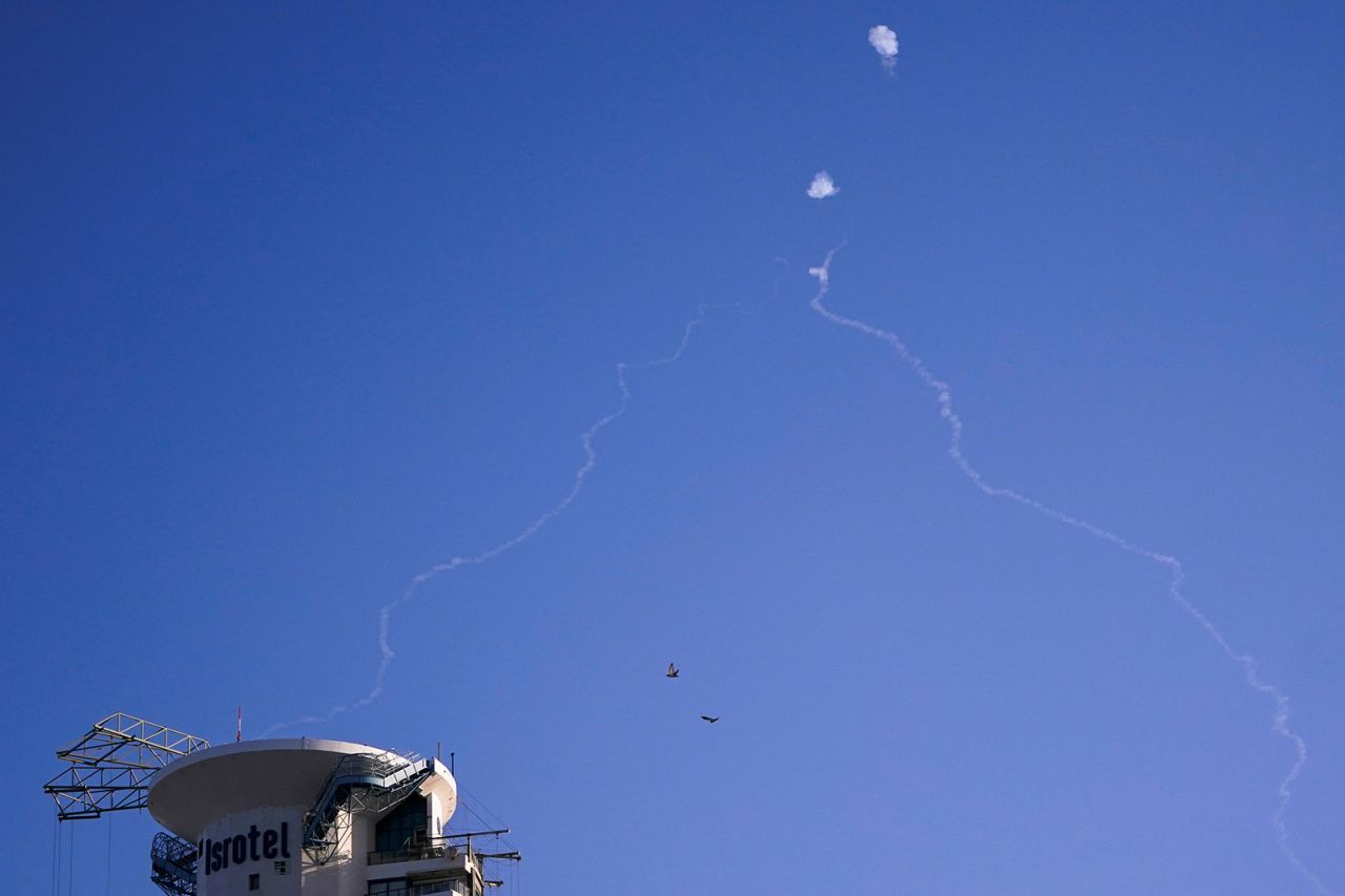 Israel's Iron Dome anti-missile system operates as air raid sirens sound in Tel Aviv, Israel, on October 23, 2024.