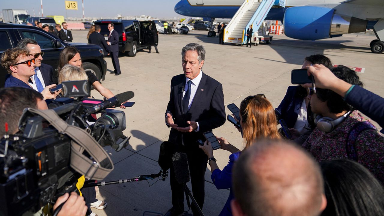 Secretary of State Antony Blinken speaks with members of the media at Ben Gurion International Airport in Tel Aviv, Israel, on October 23.