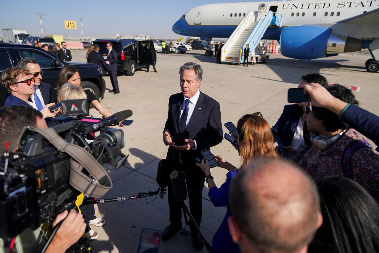 Secretary of State Antony Blinken speaks with members of the media at Ben Gurion International Airport in Tel Aviv, Israel, on October 23, 2024.