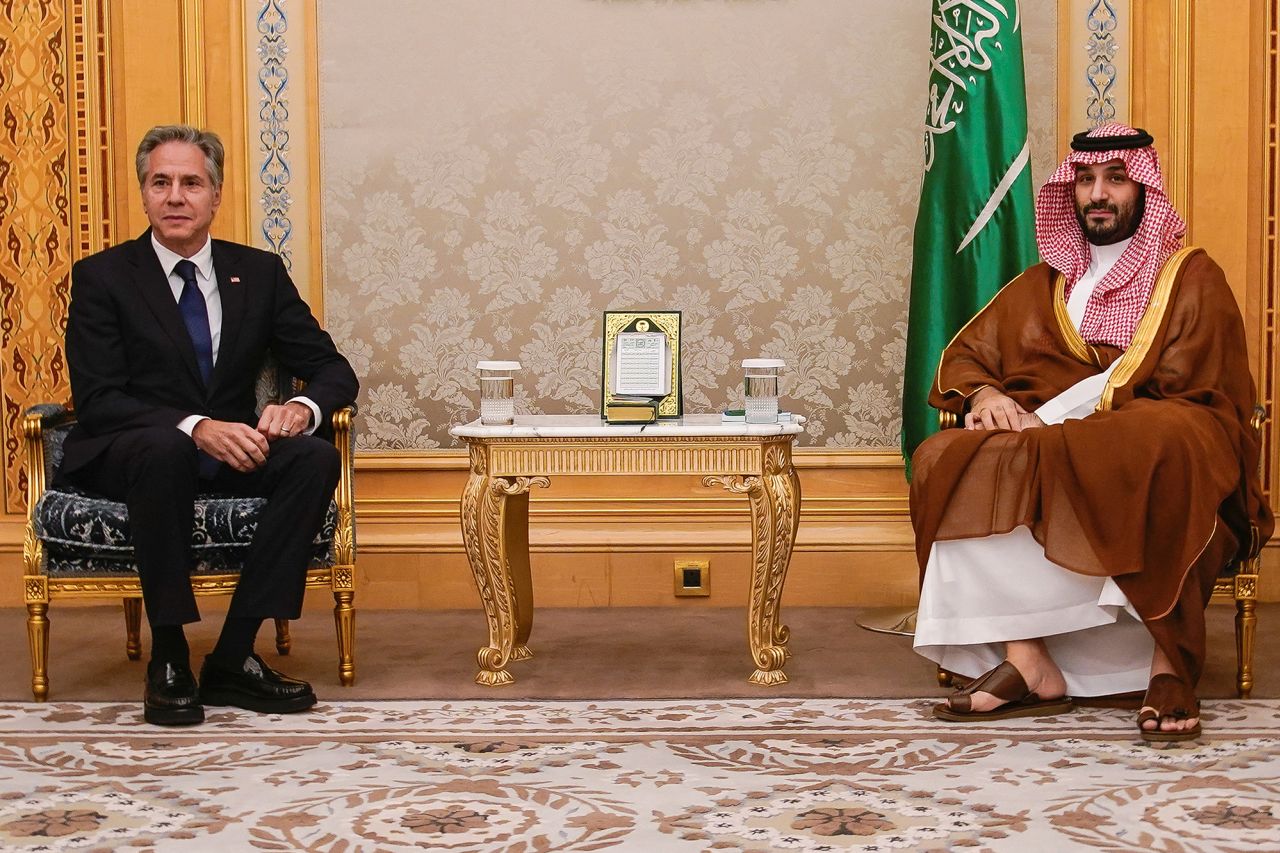 U.S. Secretary of State Antony Blinken, left, meets Saudi Crown Prince Mohammed bin Salman, in Riyadh, Saudi Arabia, on October 23.