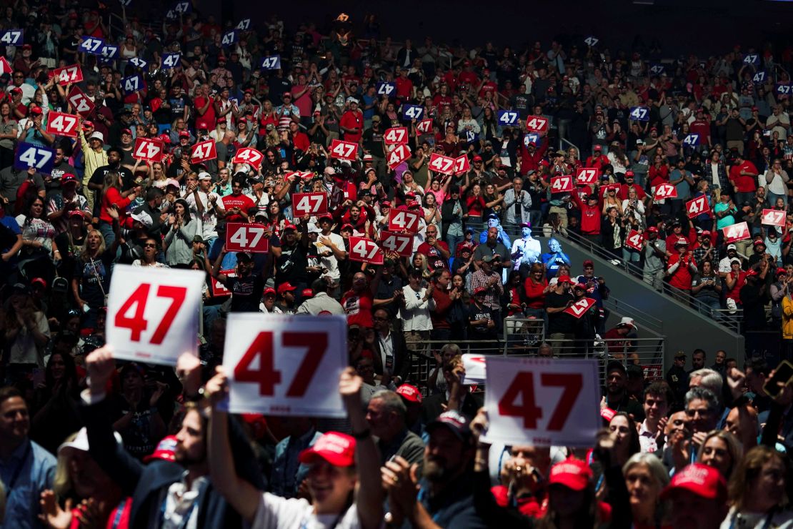 Supporters hold signs as they attend a Trump campaign in Duluth, Georgia, on October 23, 2024.