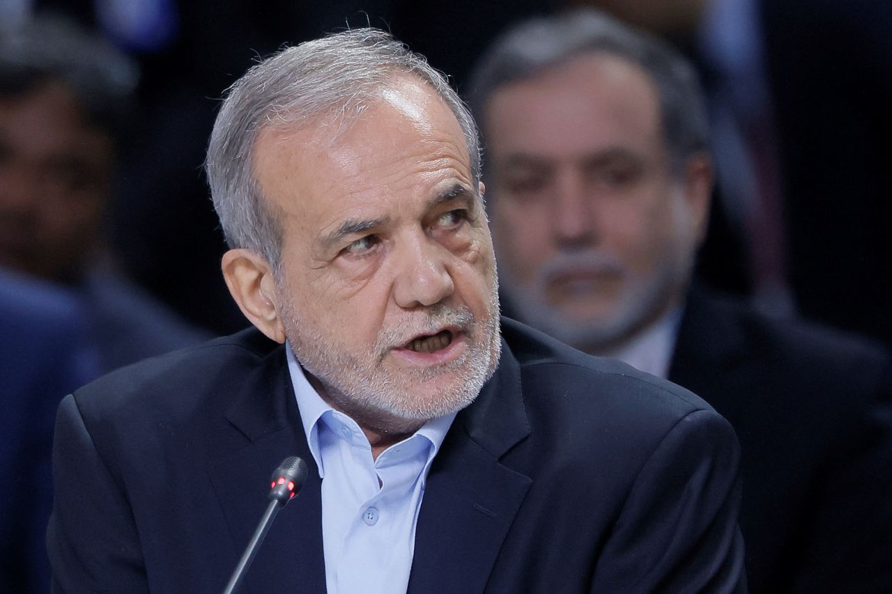 Iranian President Masoud Pezeshkian speaks during a plenary session at the BRICS summit in Kazan, Russia, on October 24.