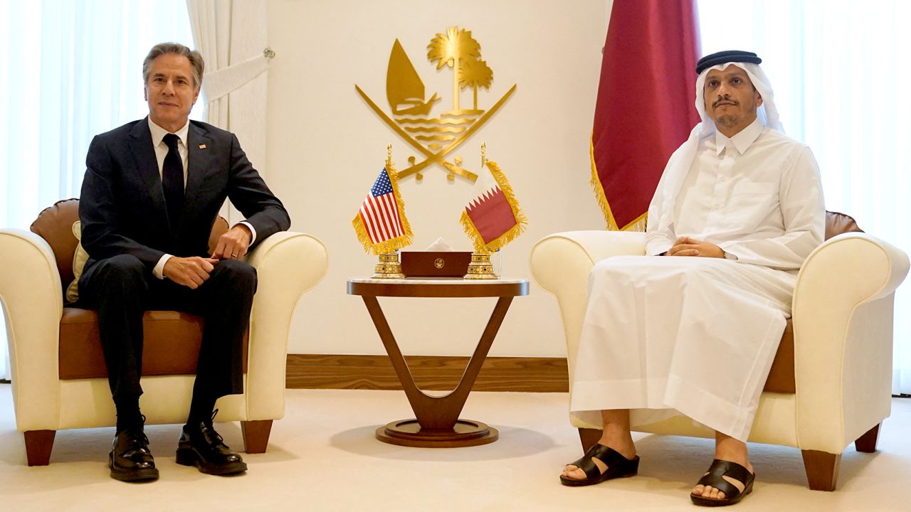U.S. Secretary of State Antony Blinken meets with Qatari Prime Minister and Foreign Minister Mohammed bin Abdulrahman Al Thani in Doha, Qatar, on October 24.