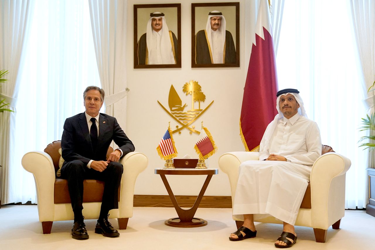 U.S. Secretary of State Antony Blinken meets with Qatari Prime Minister and Foreign Minister Mohammed bin Abdulrahman Al Thani in Doha, Qatar, on October 24.