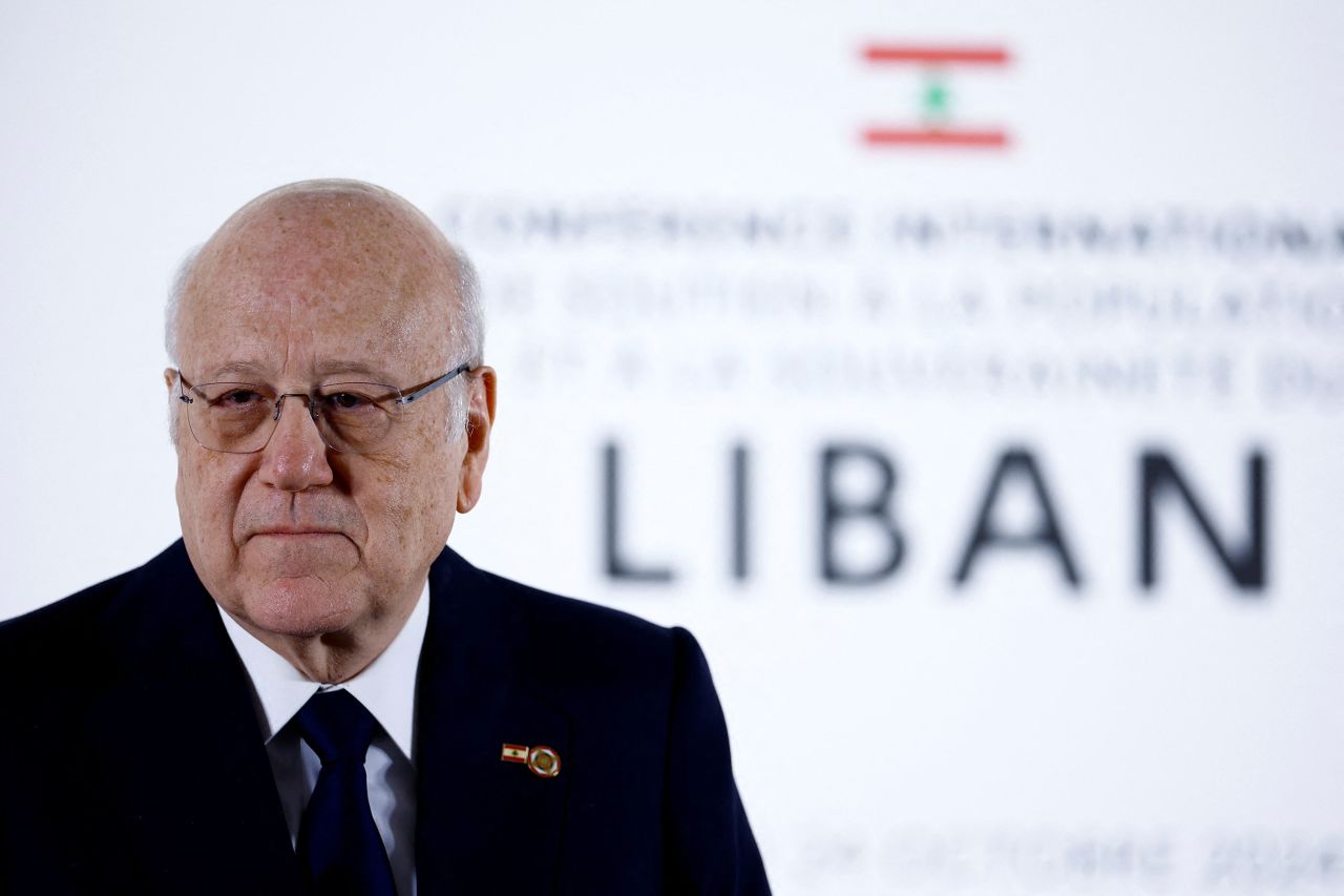 Lebanon's interim Prime Minister Najib Mikati attends a press conference in Paris, France, on October 24.