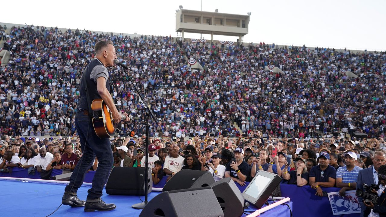 Bruce Springsteen performs during a rally for Democratic presidential nominee US Vice President Kamala Harris in Atlanta, Georgia, on October 24.