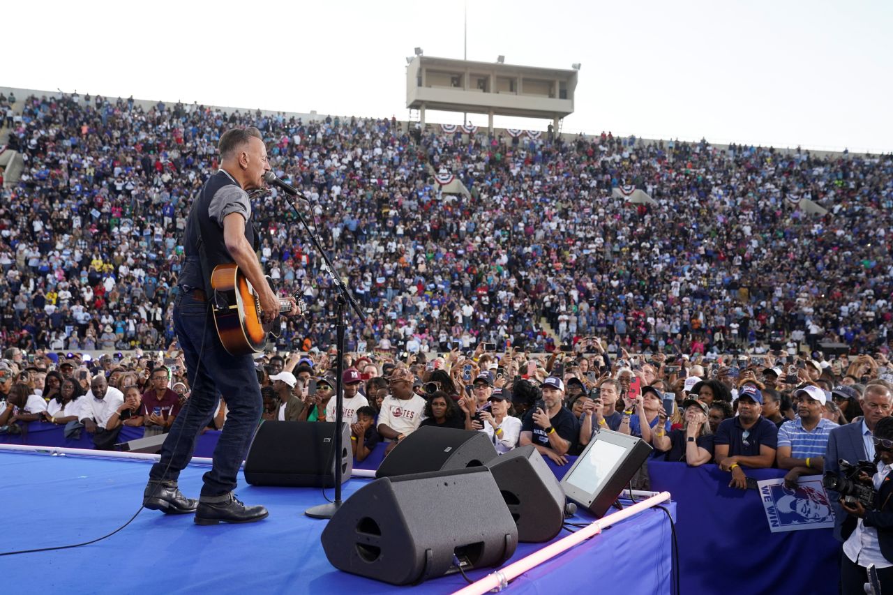 Bruce Springsteen performs during a rally for Democratic presidential nominee US Vice President Kamala Harris in Atlanta, Georgia, on October 24.