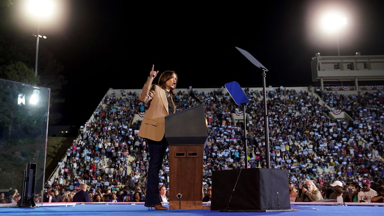 Democratic presidential nominee US Vice President Kamala Harris speaks during a rally in Georgia, on October 24.